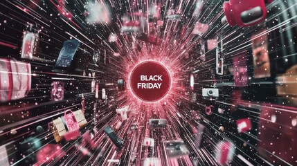 Obraz premium BLACK FRIDAY logo. Dynamic banner showing Black Friday logo surrounded by various items like headphones, smartphones, shoes, handbags, televisions. Horizontal banner. Web. Screen. 
