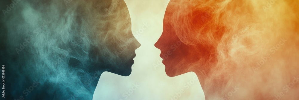 Poster two abstract silhouettes of faces in soft pastel colors illustrate the themes of communication and e