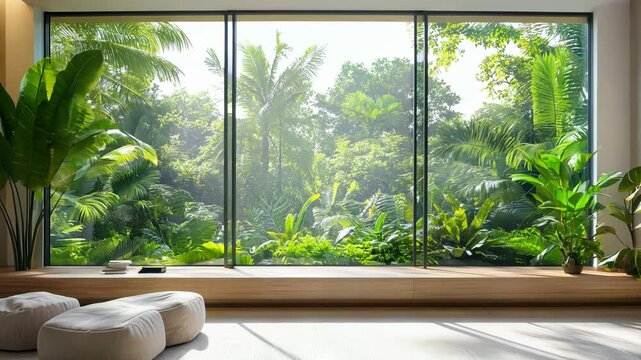Bright and airy interior featuring large bay window with lush greenery outside. minimalist design enhances natural light, creating serene atmosphere Video