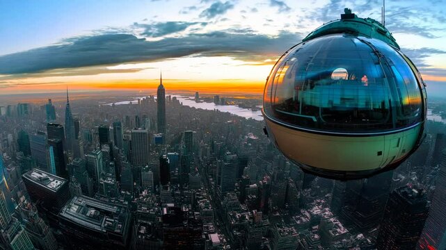 An immersive 360-degree equirectangular spherical panorama of floating transport pods gliding effortlessly above vast metropolises, offering panoramic views Video