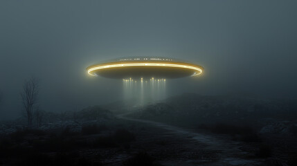 A mysterious UFO hovers above a foggy landscape, casting eerie beams of light. The scene evokes a sense of wonder and the unknown.
