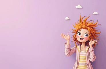 Cartoon character of a girl with mussed red hair, cheerfully greeting on a pink background