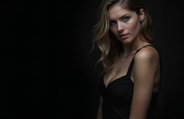 Fototapeta premium Portrait of a beautiful smiling young woman with long curly hair and a mysterious look on a dark background in a black evening dress