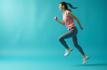 Obraz premium Young woman in tracksuit is jogging on turquoise background