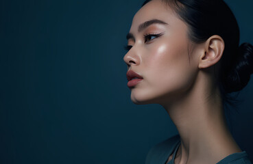 Naklejka premium Portrait of a young woman with oriental eyes, with long hair gathered at the back of her head, against a brown wall