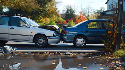Auto Accident Involving a Silver and Blue Car on a City Street – Rear-End Collision on a Wet Suburban Road with Reflections