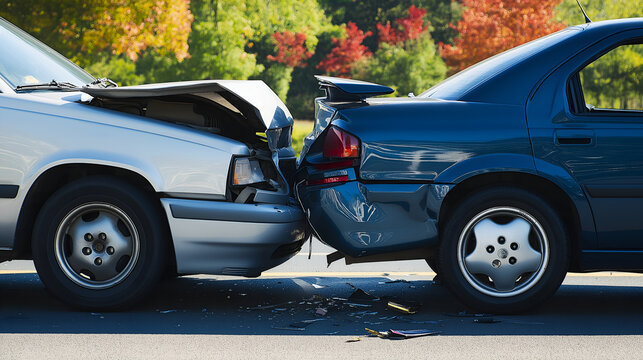 Auto Accident Involving a Silver and Blue Car on a City Street &ndash; Rear-End Collision on a Wet Suburban Road with Reflections