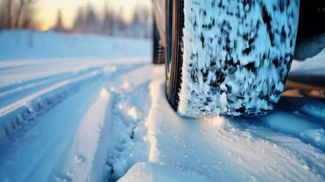 Closeup of ice car tire on road, winter tread pattern leaving tracks in snow, vehicle wheel showcasing safety and traction challenges in frozen driving conditions Video