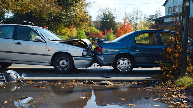 Auto Accident Involving a Silver and Blue Car on a City Street &ndash; Rear-End Collision on a Wet Suburban Road with Reflections