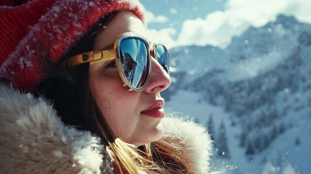 The shows a stylish woman in a snowy, alpine setting, likely seated in a ski lift. Video