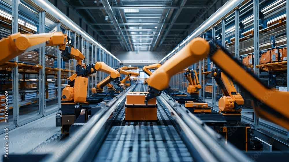 Poster innovation in logistics, advanced automated warehouse with robotic arms efficiently sorting packages