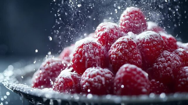 A visually captivating dessert with vibrant raspberries, dusted with sugar against a dark background, emanating luxury and indulgence Video