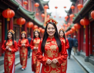 Fototapeta premium Smiling Asian women in traditional red clothing celebrate Chinese New Year on street. Festive lanterns decorate the city. Group of friends enjoy happy holiday together in China.