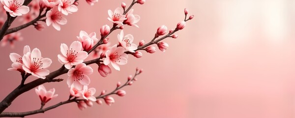 Obraz premium Pink peach blossom branch on pink background. Spring flowers, blooming cherry blossoms in bloom. Festive floral design for greeting cards, celebration, new year decor, Chinese or Japanese traditions.
