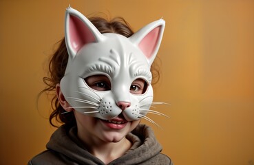Girl in cat mask smiles. White feline face mask with pink ears. Young woman in studio on beige background. Teenager in costume. Fun, playful, cosplay.