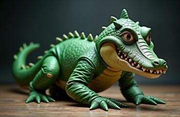Fototapeta premium Teenager in green crocodile costume crawling on wooden floor. He wears realistic mask, has long tail and webbed feet. He imitates reptile, predator, maybe even dinosaur. Fun, playful, imaginative.