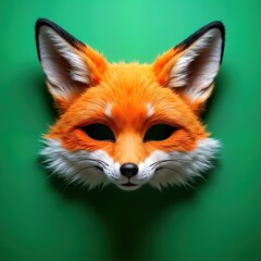 Obraz premium Realistic furry half mask of a fox on a green background. Fox mask with black eyes, white muzzle, and orange fur. Animal costume for party, masquerade or cosplay.