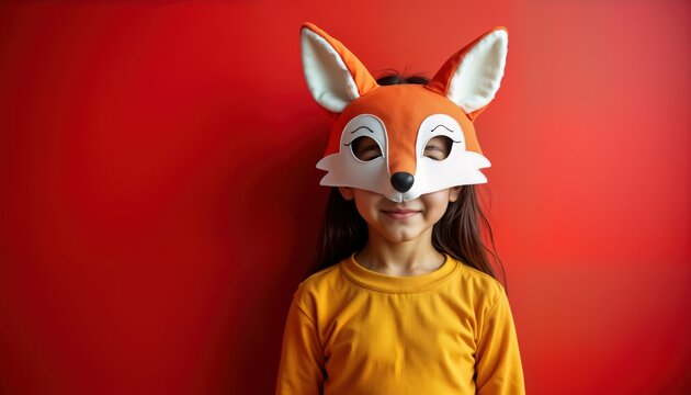 Young girl wears fox mask, standing against red background. Playful child in studio setting. Costume, creativity, childhood, art, fashion, performance, portrait, theatre, imagination, expression,