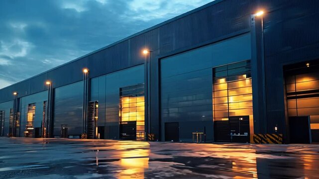 Modern logistics warehouse building structure. AI technology generated Video