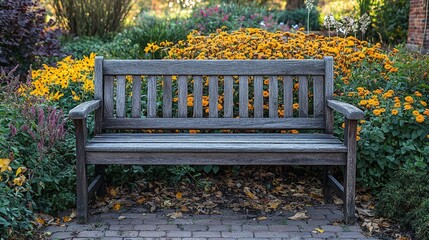 A wooden bench surrounded by vibrant flowers in a serene garden setting.