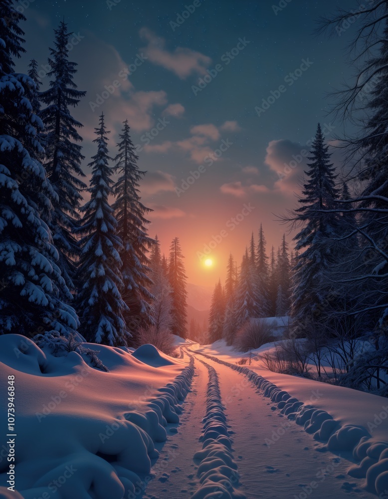 Poster snowy path through forest with sunset in winter. sun sets behind trees in cold weather. bright light