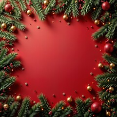 Christmas tree branches with golden baubles and red ornaments border red background. Festive Xmas design with copy space. Holiday card, gift wrapping, social media post, banner, web design.