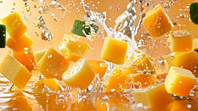 Creative layout made from Mango fruit with mango cubes and slices and Splashing on a orange background.generative ai Video