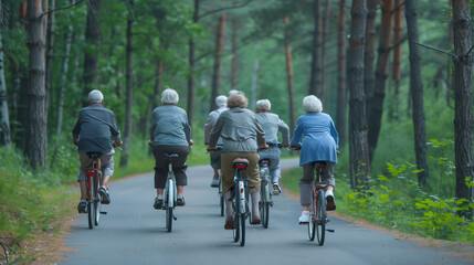 Obraz premium Group of cheerful smiling pensioners riding bicycles along the alley in park, back view. Concept of healthy lifestyle and sports activities in retirement.