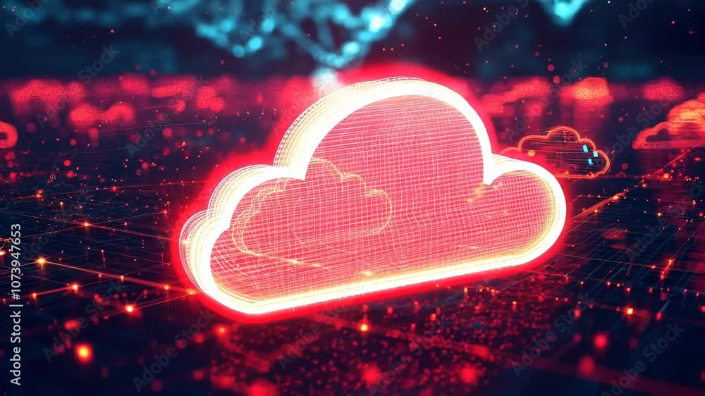 Poster red cloud icons connected by lines on a dark background, representing digital connectivity and cloud