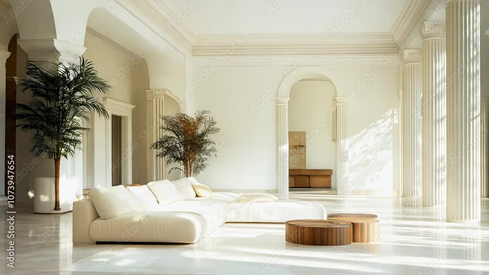 Poster minimalist interior with elegant white columns and soft shadows, creating a tranquil and sophisticat