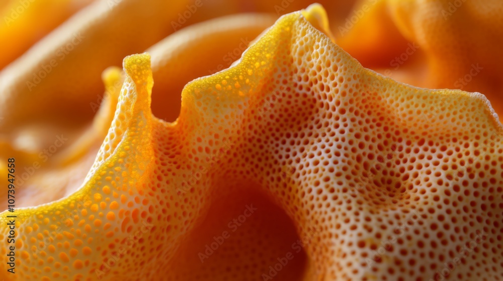 Poster close up macro of a bright yellow honeycomb-like texture with small holes.