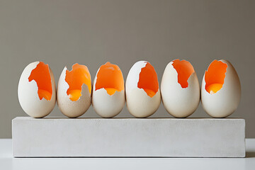 Broken egg shell in row of white eggs on gray background