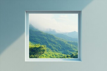 Sunlight pours through a window, highlighting a stunning view of green hills shrouded in mist, creating a peaceful atmosphere. Generative AI