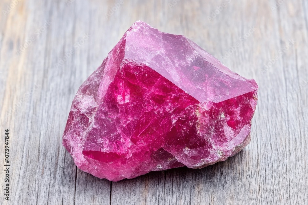 Poster vivid crimson ruby crystal sparkling under soft light on rustic wooden surface