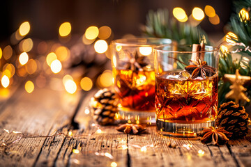 Two glasses of whiskey with ice and christmas decoration on wooden background