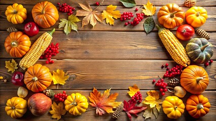 Colorful Thanksgiving day backdrop featuring pumpkins, corn, and autumn leaves on a rustic wooden table