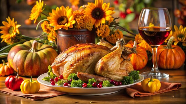Roasted Thanksgiving turkey surrounded by autumnal decor and festive table setting with wine and pumpkins