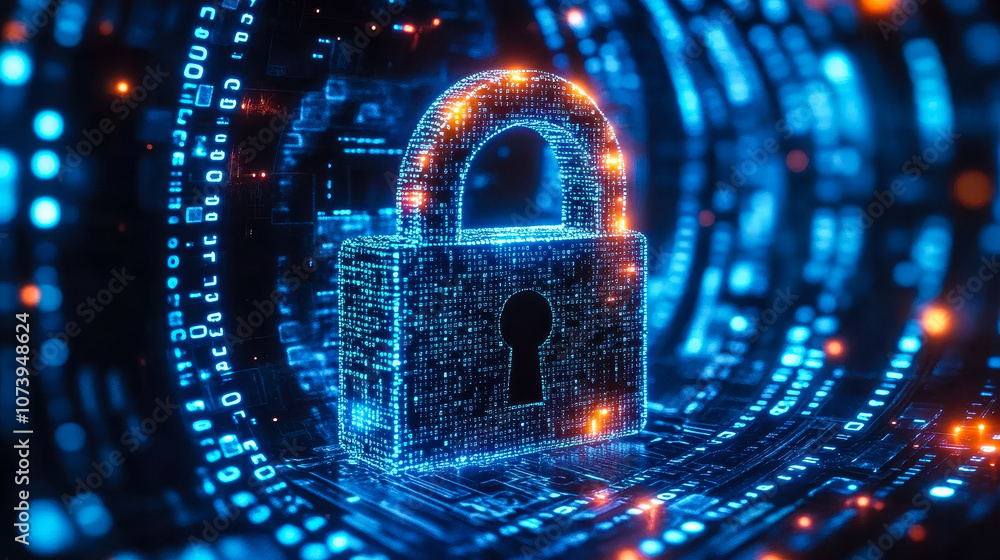 Poster blue digital padlock with binary code symbolizing ai in cybersecurity and data protection