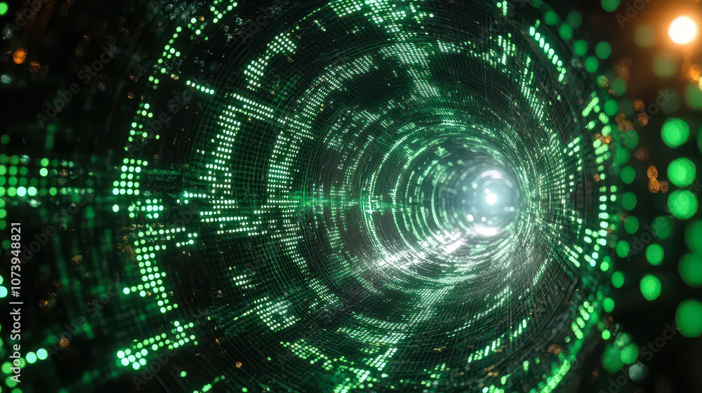 Poster futuristic digital gateway with flowing green binary code in matrix style