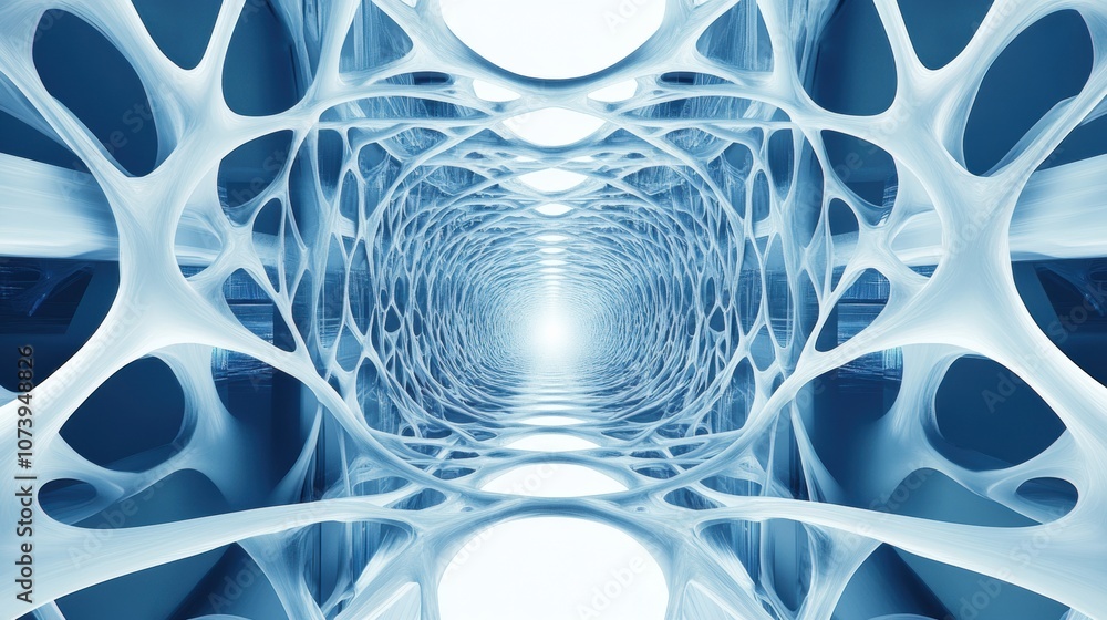 Poster this abstract artwork features blue and white lines forming a network, creating a dynamic 3d tunnel 