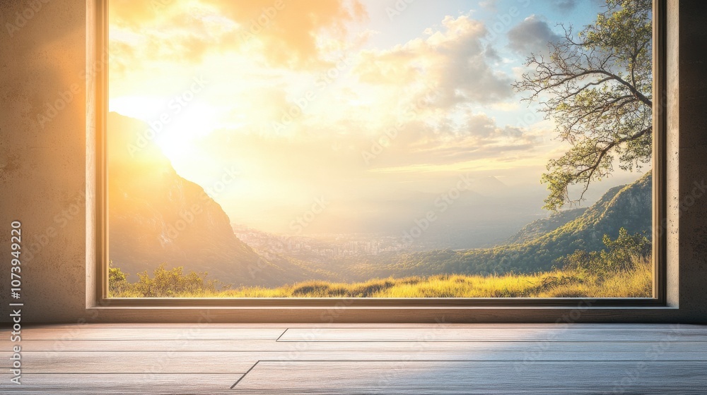 Poster golden sunlight pours through a window, illuminating a stunning view of mountains and grasslands dur