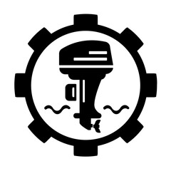 Vector illustration, icon, logo of an outboard boat motor and gears. Isolated on a white background.