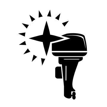 Vector illustration, icon, logo of an outboard boat motor and gears. Isolated on a white background.