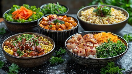 Fototapeta premium Five different bowls with various ingredients like rice, noodles, vegetables, meat, and sauces.