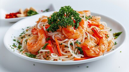A plate of rice noodles with shrimp, carrots, and red peppers, garnished with parsley, and a side dish of cashews and chili flakes.