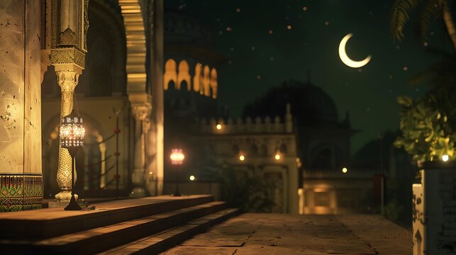 A traditional Islamic lantern glowing softly near a mosque at night, with a crescent moon and stars in the background, symbolizing the end of Ramadan and the festive spirit of Eid al-Fitr 