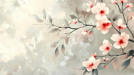 Fototapeta premium sakura and peony branches, gentle summer blooms with rich foliage, rustic floral design, watercolor style. Rustic. Illustration