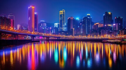 Obraz premium Nighttime cityscape with colorful reflections on a river