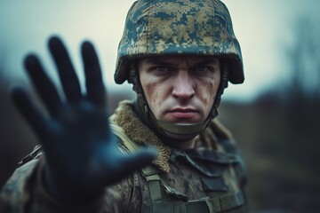 Fototapeta premium Portrait sad military soldier showing hand gesture to stop the war quickly. AI generated image 