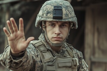 Fototapeta premium Portrait sad military soldier showing hand gesture to stop the war quickly. AI generated image 